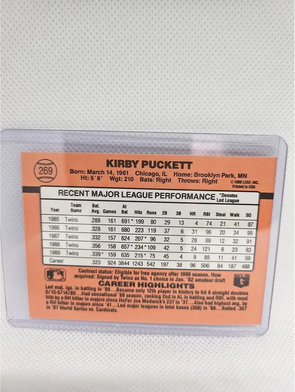 Kirby Puckett - #269 - 1990 Donruss - Minnesota Twins - RAW Mint